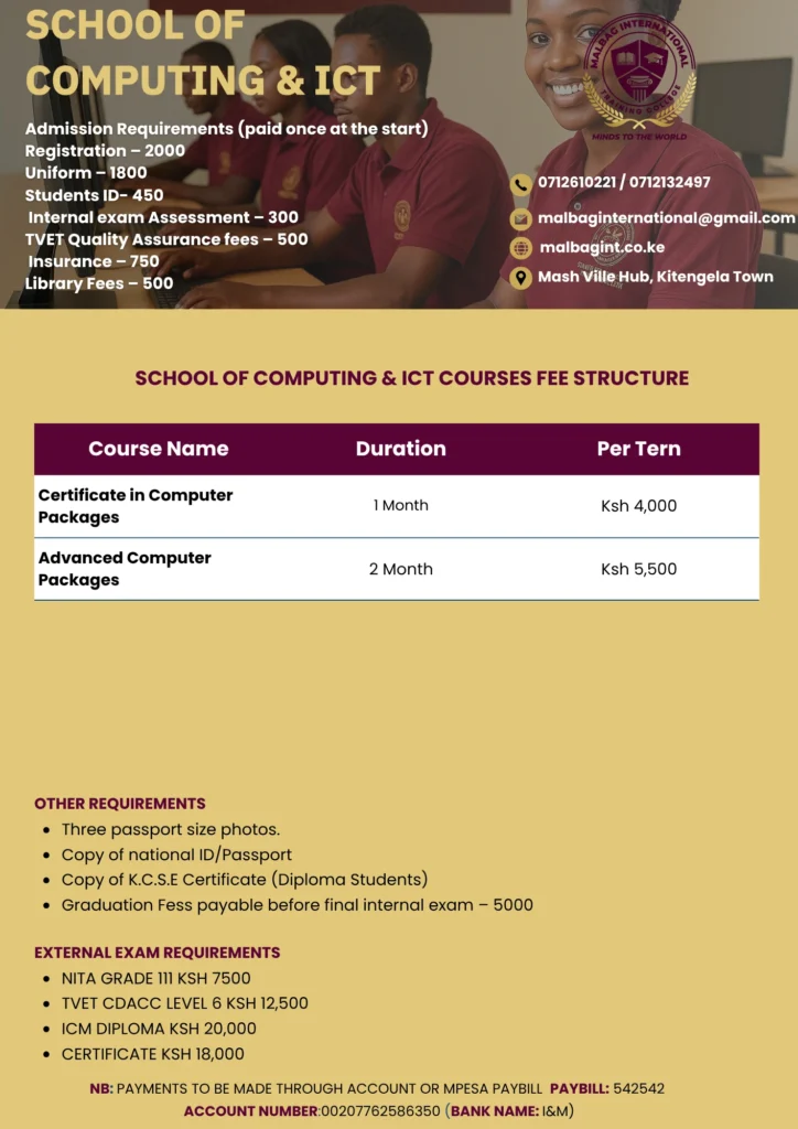 School of Computing and ICT in Kenya COURSES FEE STRUCTURE | Malbag International training college.