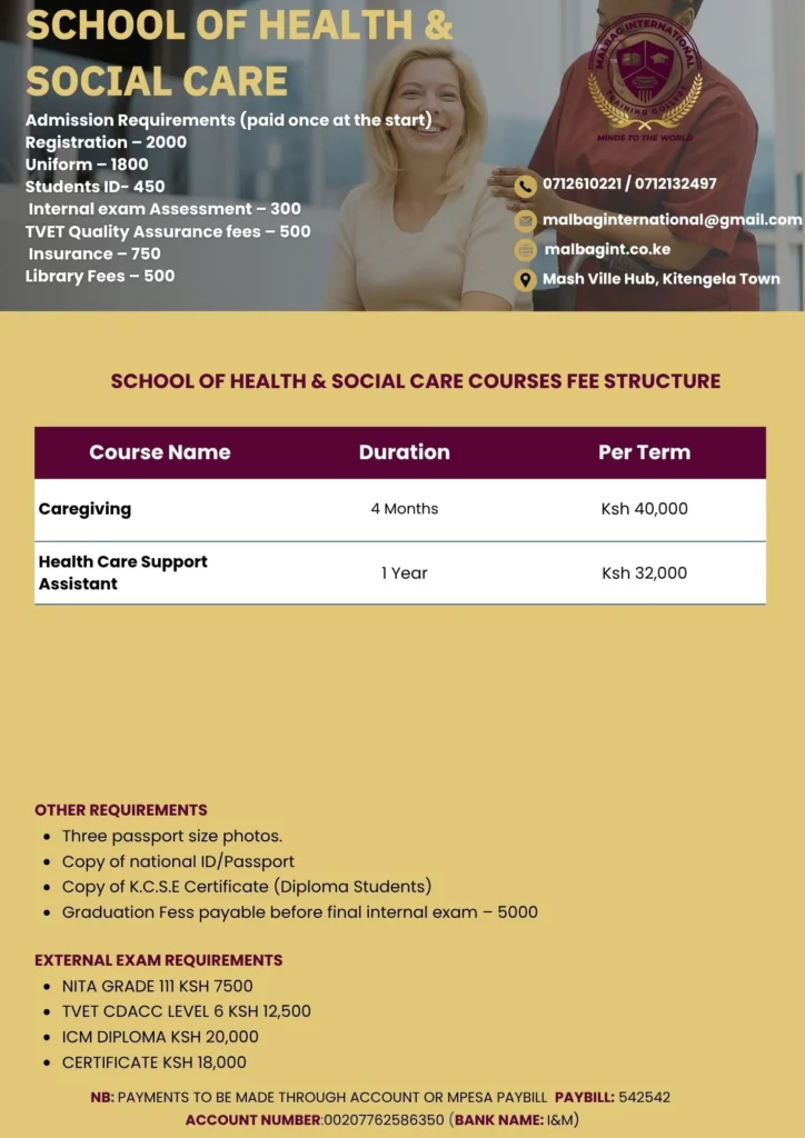 School of Health and Social Care in Kenya | Malbag International Training College COURSES FEE STRUCTURE | Malbag International Training College