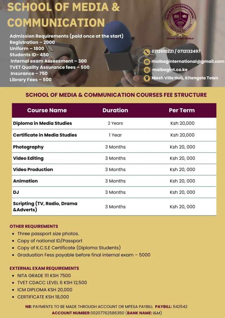 School of Media & Communication COURSES FEE STRUCTURE | Malbag international training college