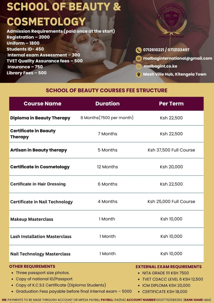 School of Beauty & Cosmetology fee structure | Malbag International Training College